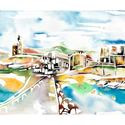 Watercolor city landscape Tarifa