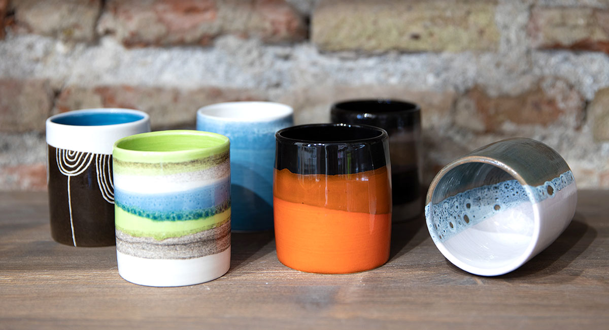 Handmade ceramic cups as pottery collection